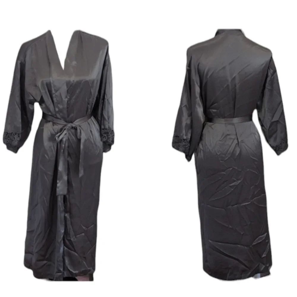 Victoria's Secret Vintage Long Robe Dark Grey Satin Lace Cuffs Long Sleeve